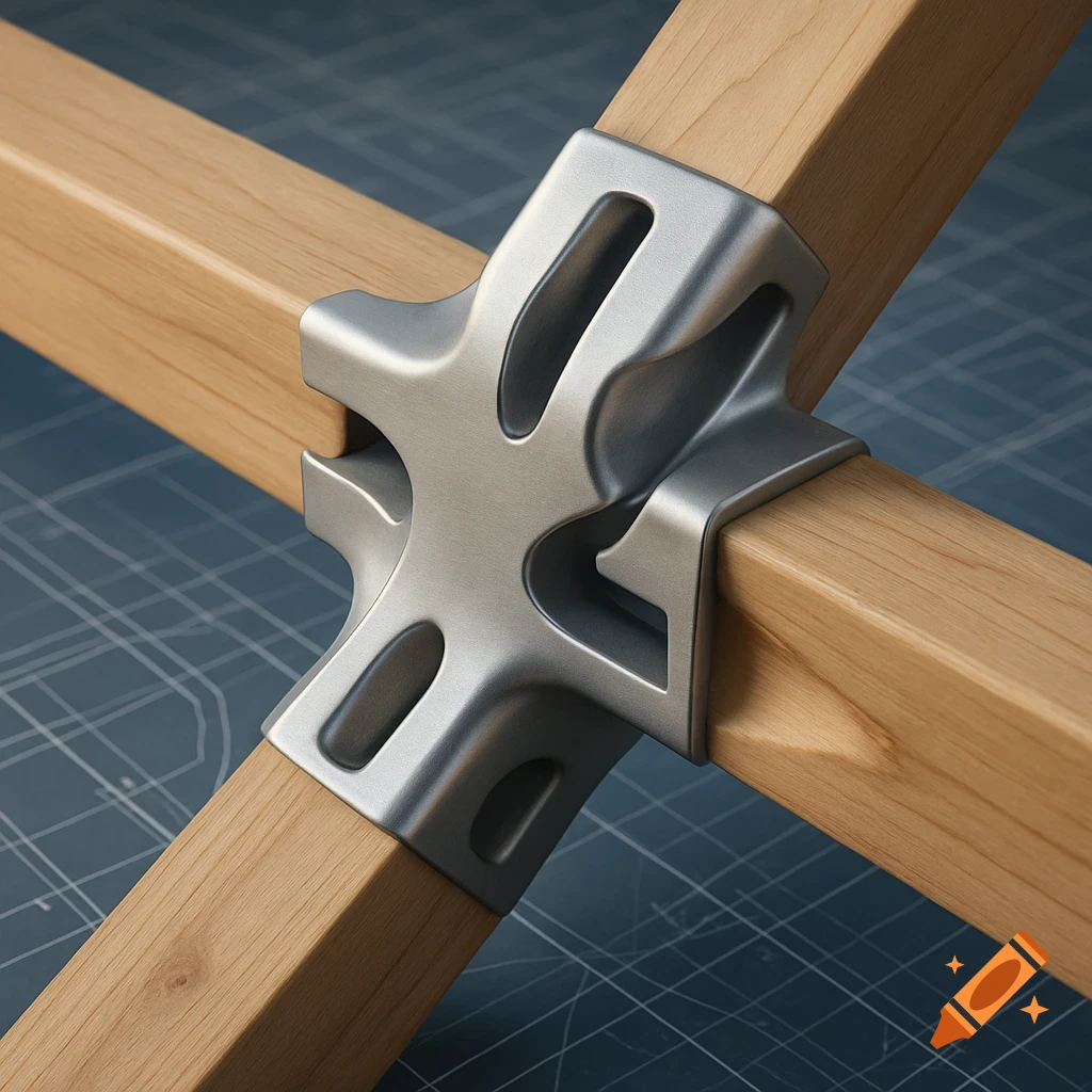 Close-up of a silver-gray cast metal connector joining two light wooden beams at a right angle, set against a blueprint background.