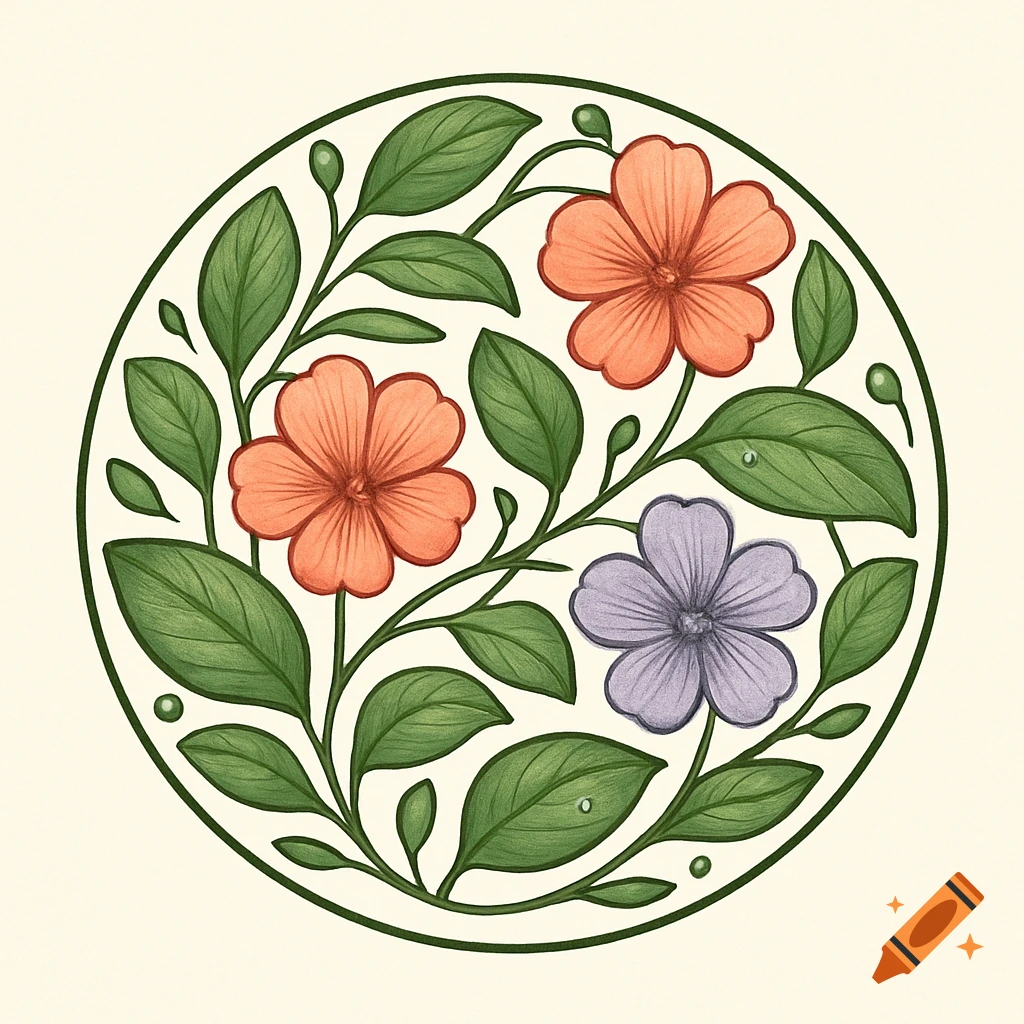 A circular logo design featuring intertwined orange and purple flowers with  green leaves on a light background. on Craiyon, image size:1024x1024