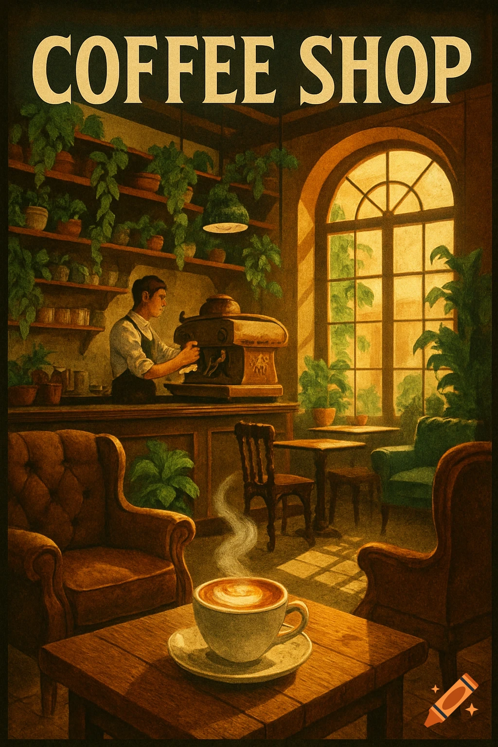 Vintage illustration of a cozy coffee shop interior. A barista works behind the counter, while a steaming coffee cup sits on a table in the foreground. Text reads 'COFFEE SHOP'.