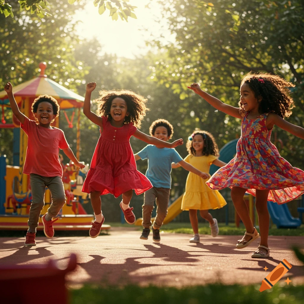 Five joyful children jump and play in a sunny park playground, wearing colorful clothes.