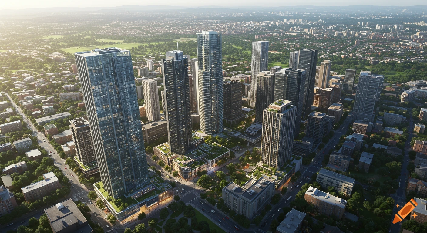 Aerial view of a modern cityscape with numerous tall glass skyscrapers, residential buildings, and green parks under a clear sky.