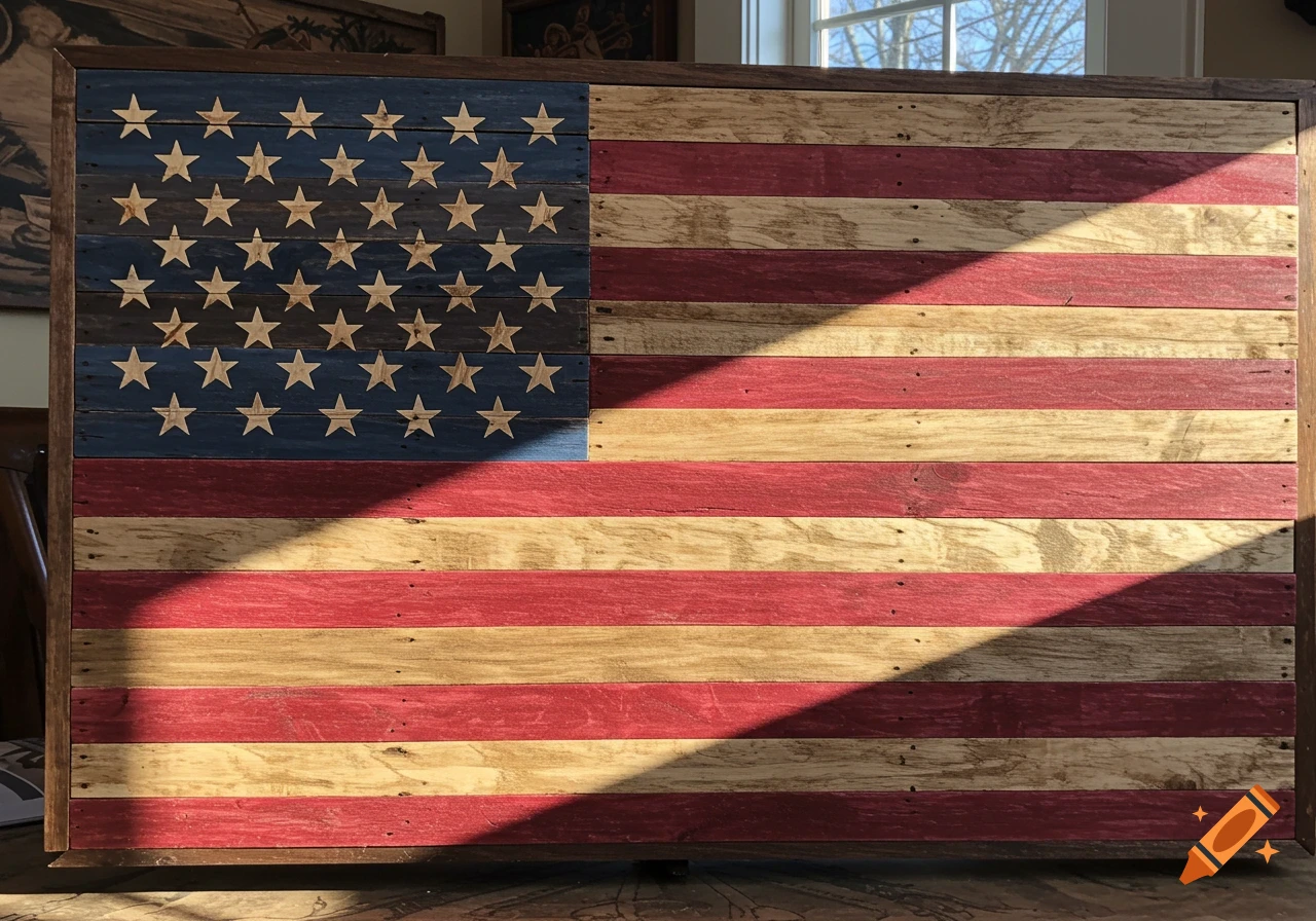 A rustic wooden American flag with carved stars and painted stripes, partially lit by sunlight from a nearby window.
