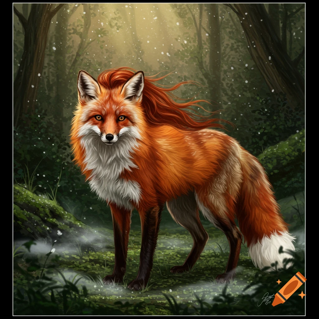 A mystical red fox with long, flowing auburn hair stands in a misty, enchanted forest, digital painting.