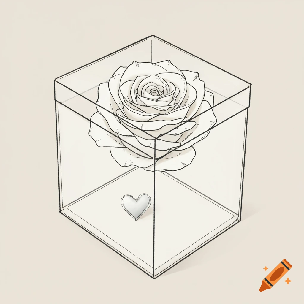 A stylized, hand-drawn illustration of a white rose and a silver heart inside a transparent box on a neutral background.