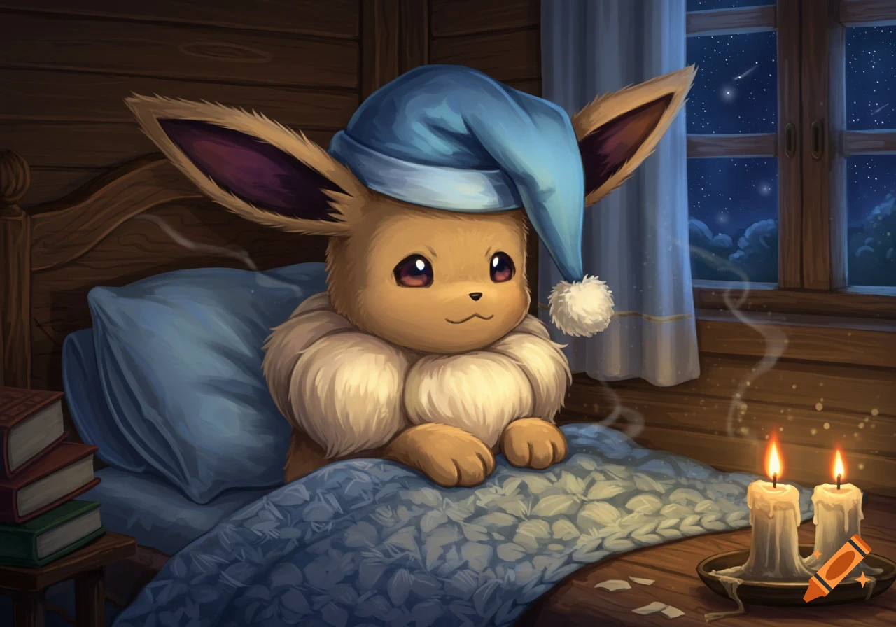 An illustrated Eevee in a blue nightcap lies cozily in bed, lit by candlelight, with a starry night visible through the window.