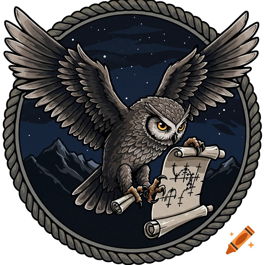 An illustration of an owl with spread wings, holding a scroll with illegible symbols, set against a dark, starry mountain landscape. The scene is encircled by a rope border, creating a patch-like design.