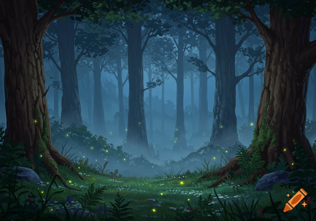 Dark, misty forest path at night with glowing fireflies and tall trees. Digital art.