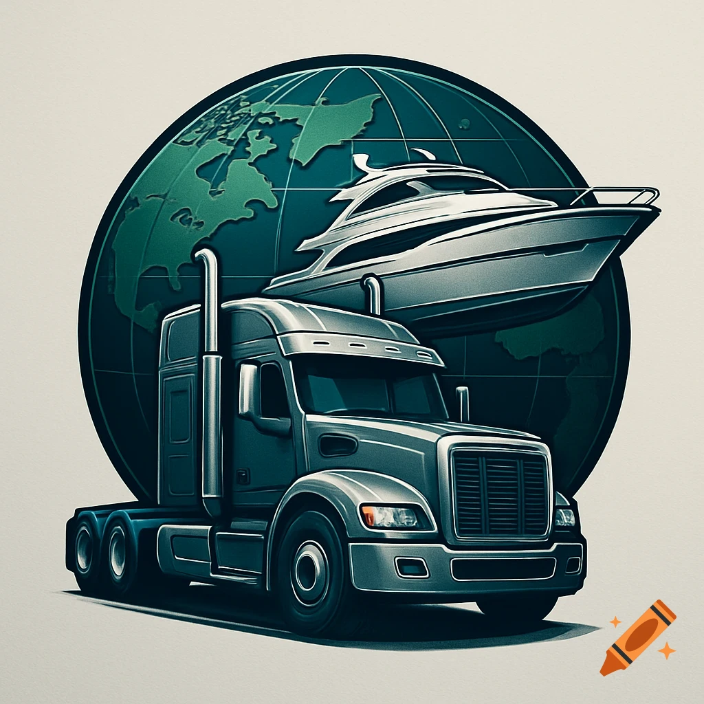 A stylized business logo illustration featuring a semi-truck, a yacht, and a globe in shades of green and grey.
