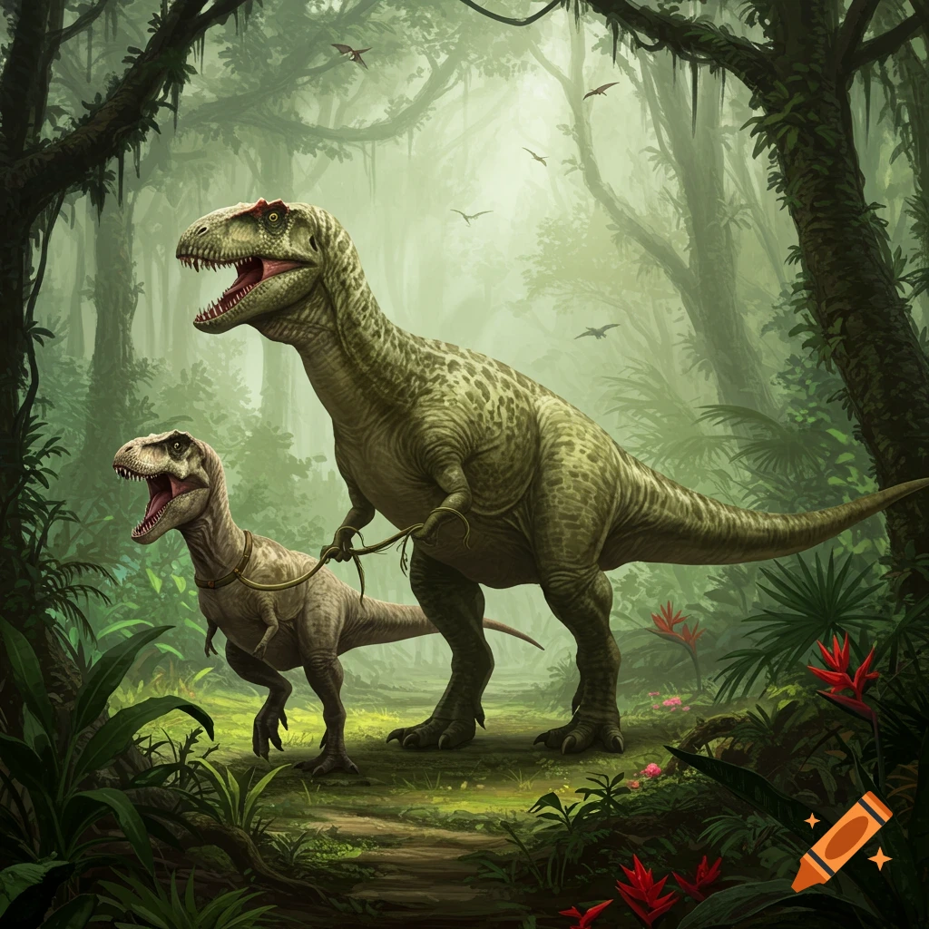 A large, green Giganotosaurus-like dinosaur walks a smaller, tan T-Rex on a vine leash through a lush, misty jungle path.