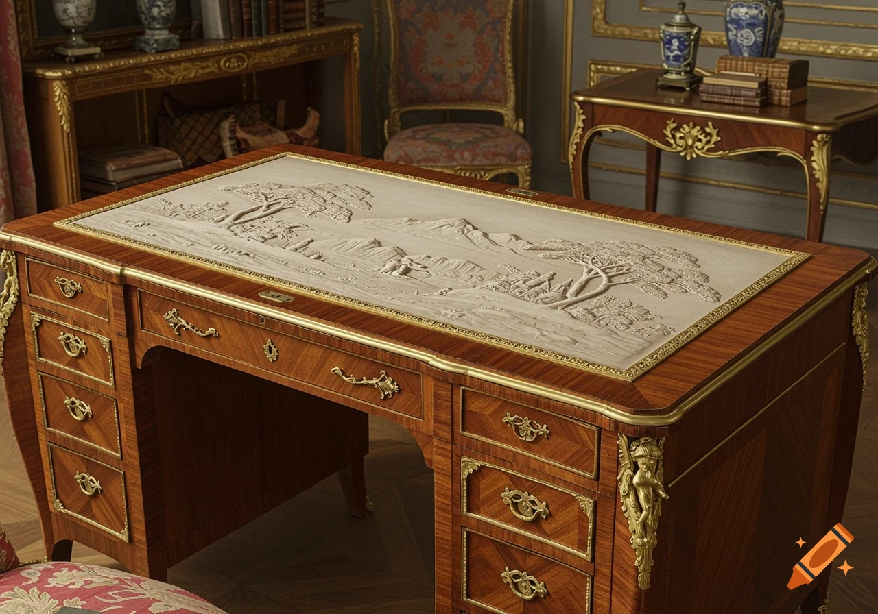 A detailed Louis XV style wooden desk with intricate gold trim and multiple drawers. A large bas-relief carving of a mountainous landscape adorns the desk's surface, set in a lavish room.