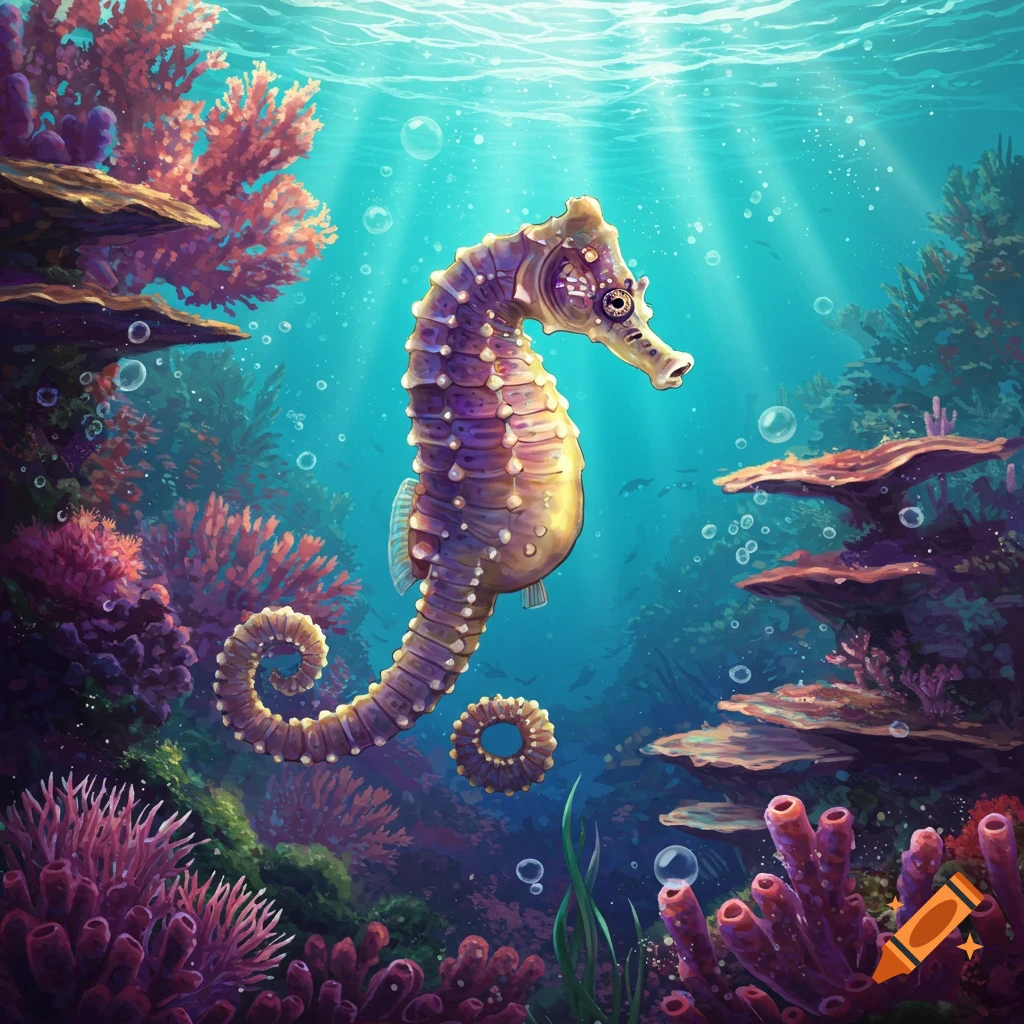 A vibrant purple and gold seahorse swims among colorful coral and sea plants in a sunlit underwater reef.