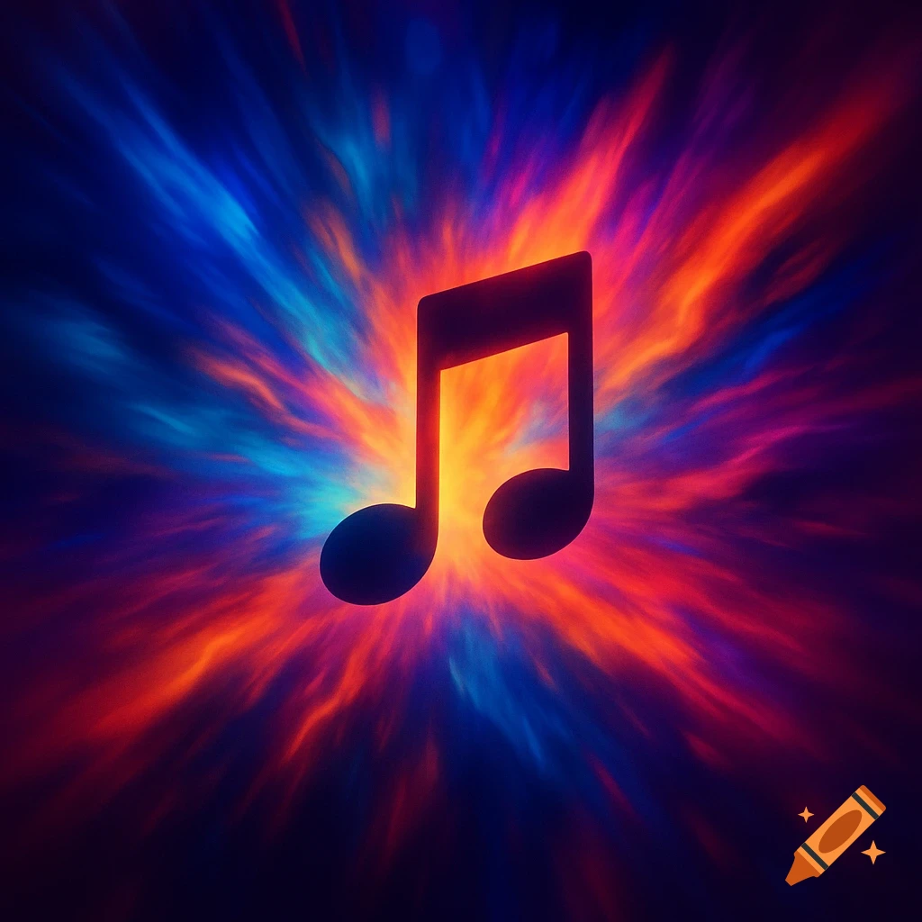 A silhouette of a music note glows against a vibrant, abstract background of swirling blue, orange, and red light.