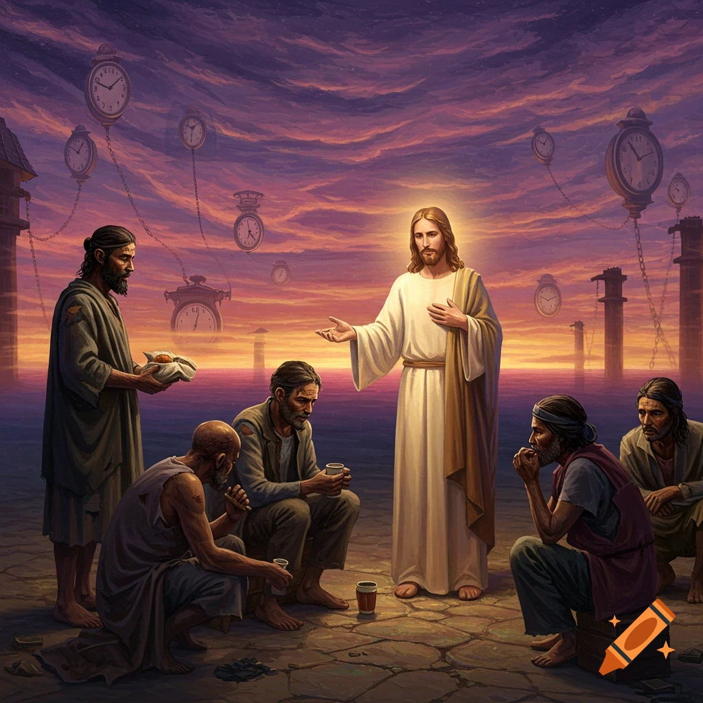 Jesus offers food to men in a surreal painting with floating clocks against a dramatic sunset sky.