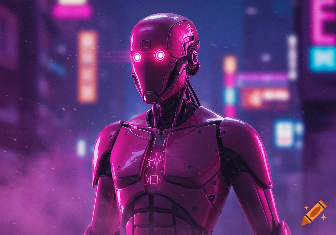 A pink robot with glowing pink eyes stands in a neon-lit futuristic city at night.