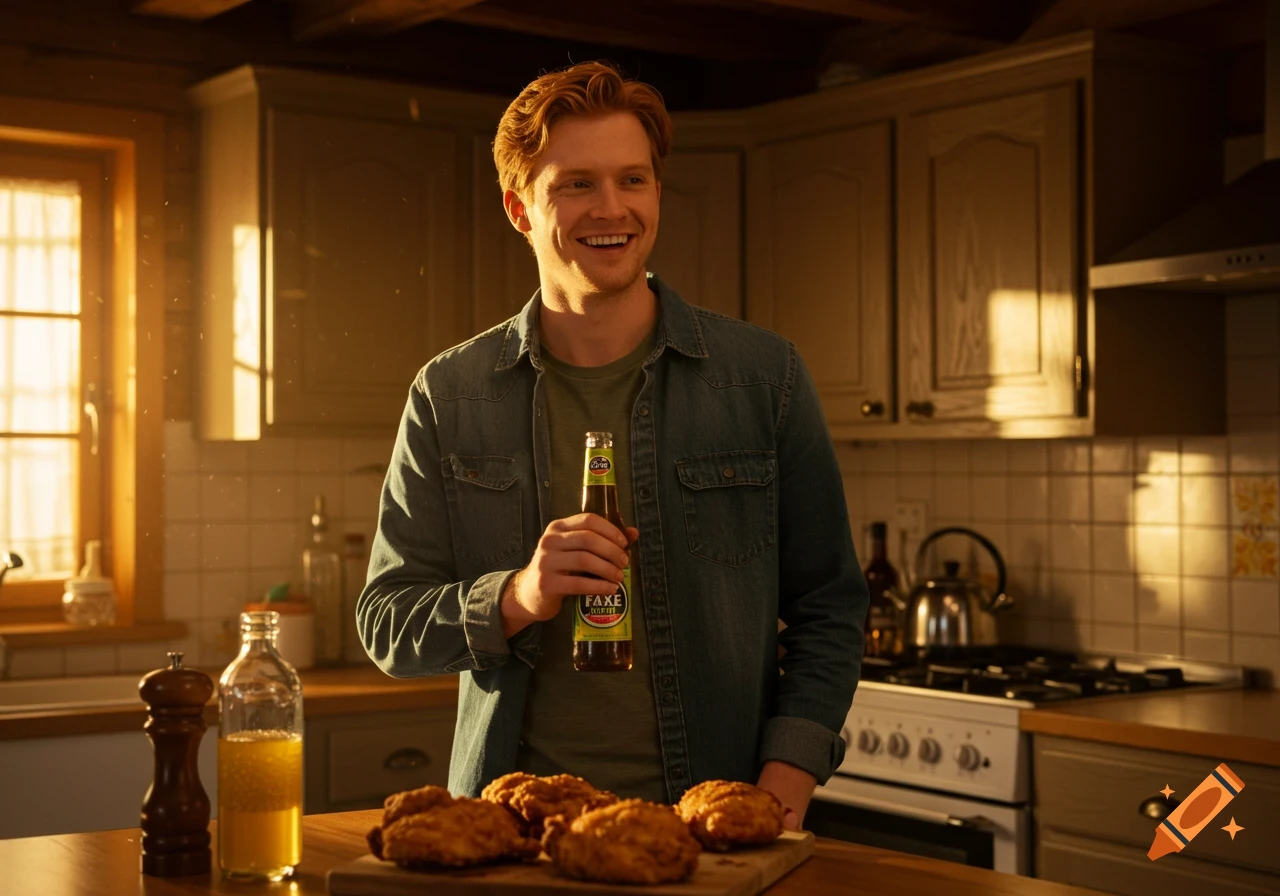 A smiling redhead man holding a Faxe Kondi bottle in a warm, rustic kitchen with fried chicken on a cutting board.