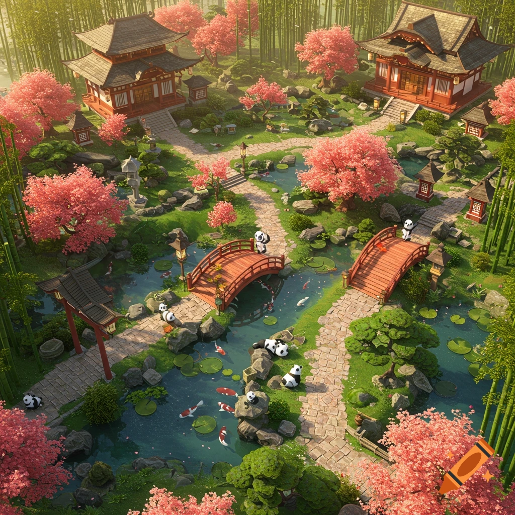 Lush Japanese garden with traditional temples, pink cherry blossoms, winding paths, koi ponds, and many pandas. Aerial view.