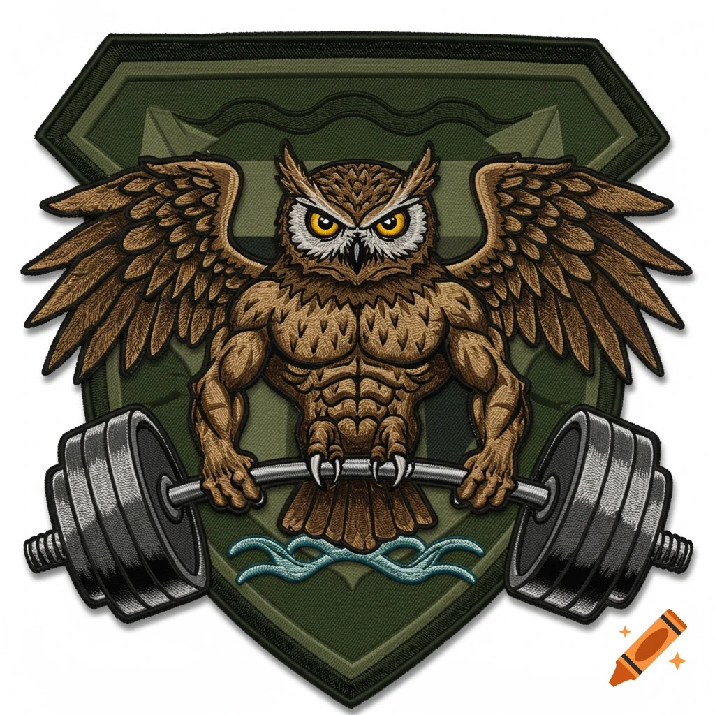 Embroidered patch of a muscular brown owl lifting a barbell on a dark green shield background.