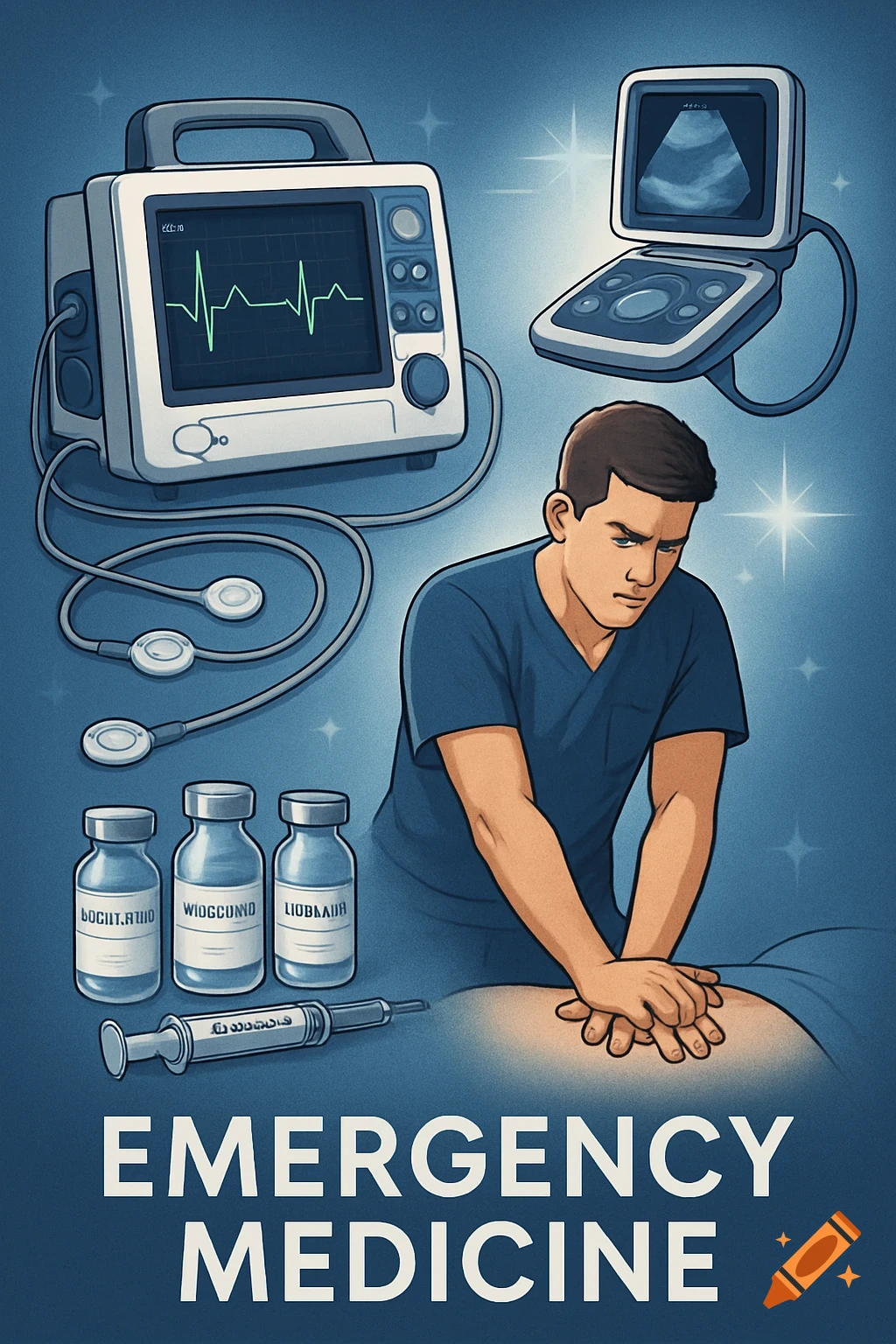 An illustration of a doctor performing CPR, surrounded by medical equipment like an ECG monitor, ultrasound machine, and medicine bottles, with the words "EMERGENCY MEDICINE" at the bottom.