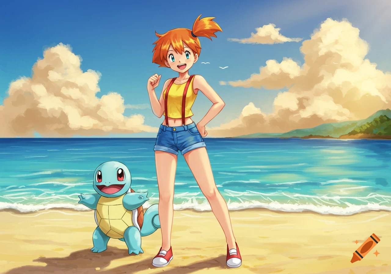Anime style Misty from Pokemon and Squirtle standing on a sunny beach by the ocean.