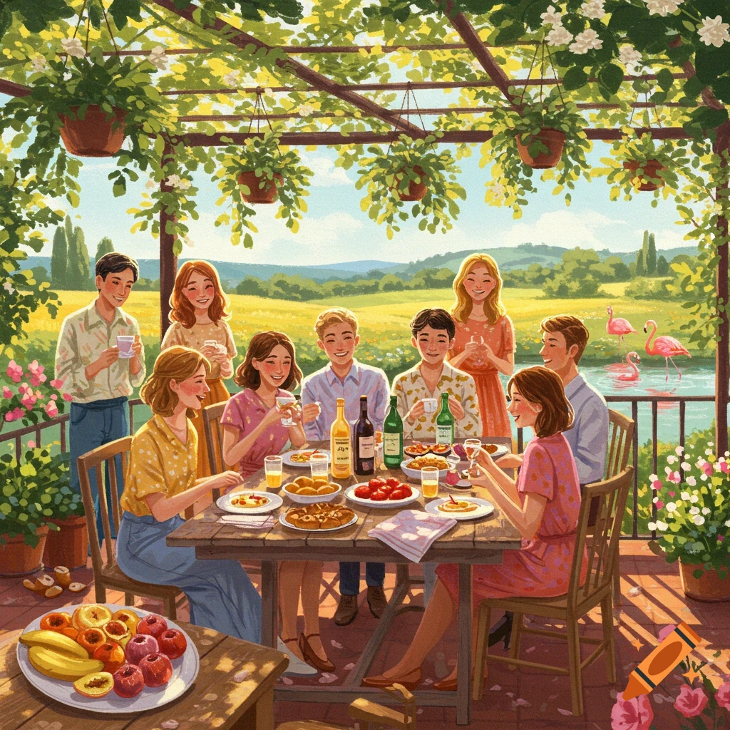 Illustrated scene of young people having an outdoor brunch on a sunny patio with lush greenery and a river with flamingos.