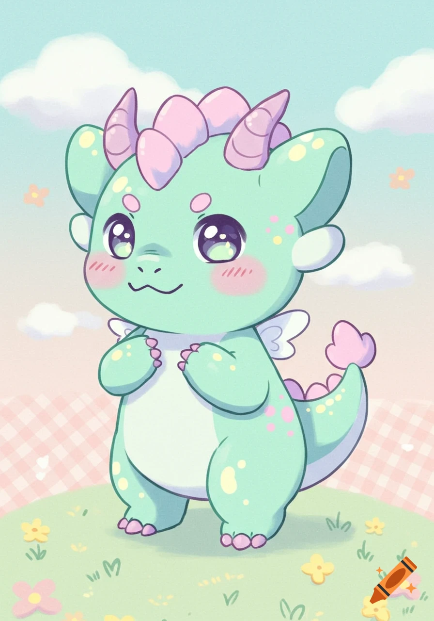 A cute, pastel mint green and pink chibi dragon with big purple eyes standing in a grassy field under a cloudy sky.