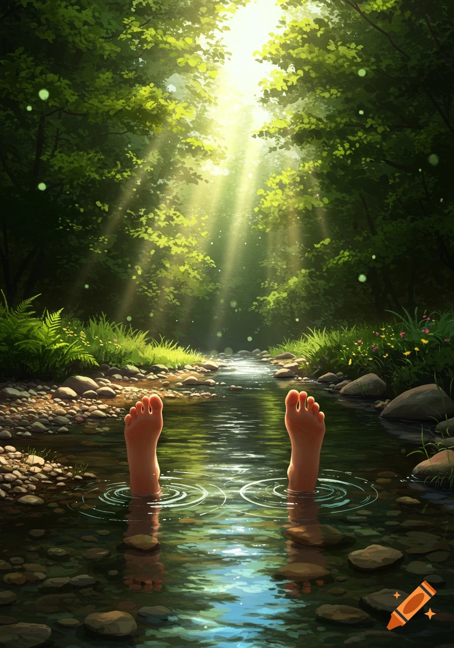 Bare feet soak in a clear stream flowing through a sunlit forest, with dappled light on lush green trees.