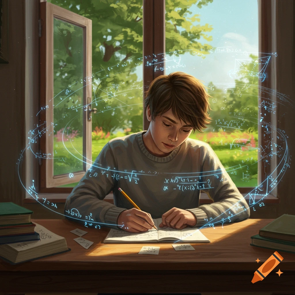 A boy studies math at a desk by an open window, surrounded by glowing formulas. Artistic style.