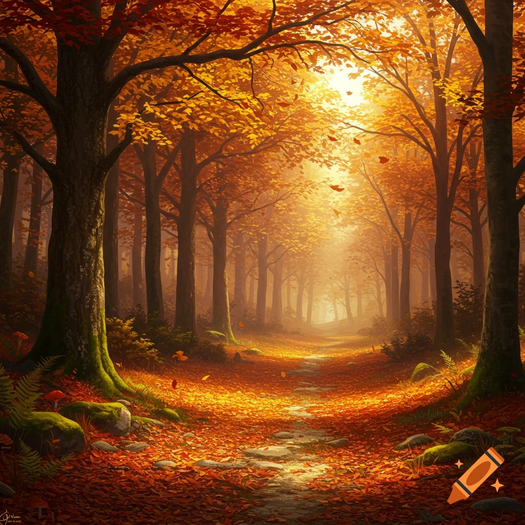 A serene path winding through a vibrant autumn forest with golden and orange leaves under a soft, luminous sky.