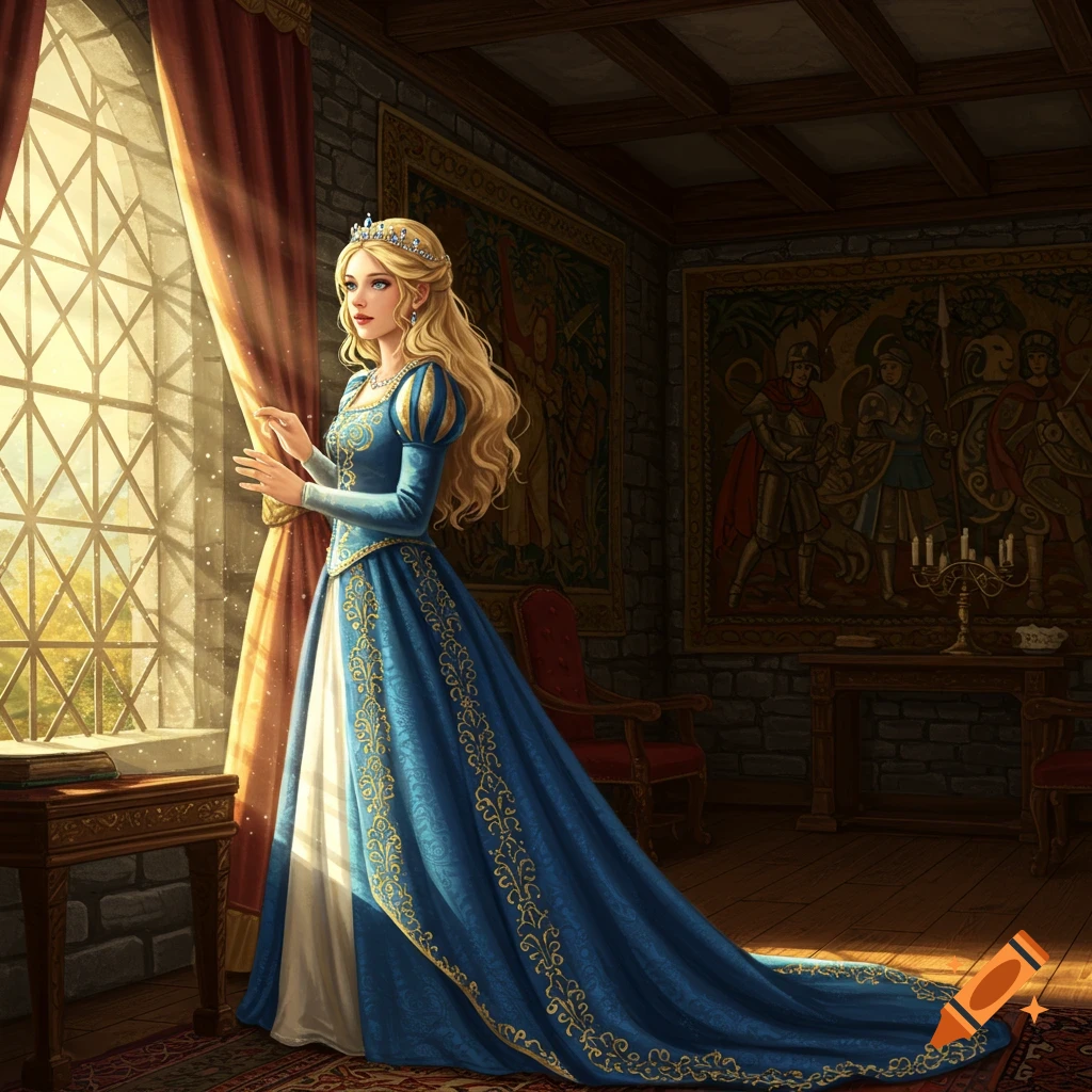 A blonde princess in a flowing blue and gold gown looks out a stained glass window in a medieval castle room.