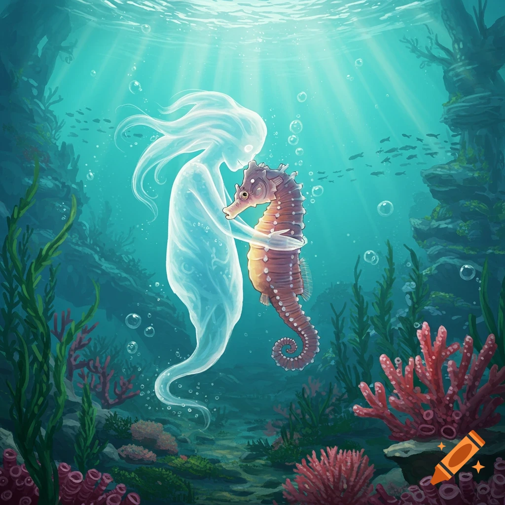 A glowing, ethereal ghost embraces a large brown seahorse underwater, surrounded by vibrant coral and small fish, with rays of light filtering down.