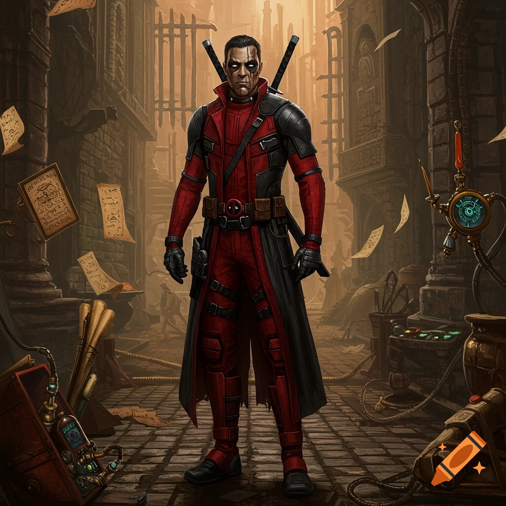 The Nameless One in a red and black Deadpool-style costume stands in a dark, detailed steampunk alley.