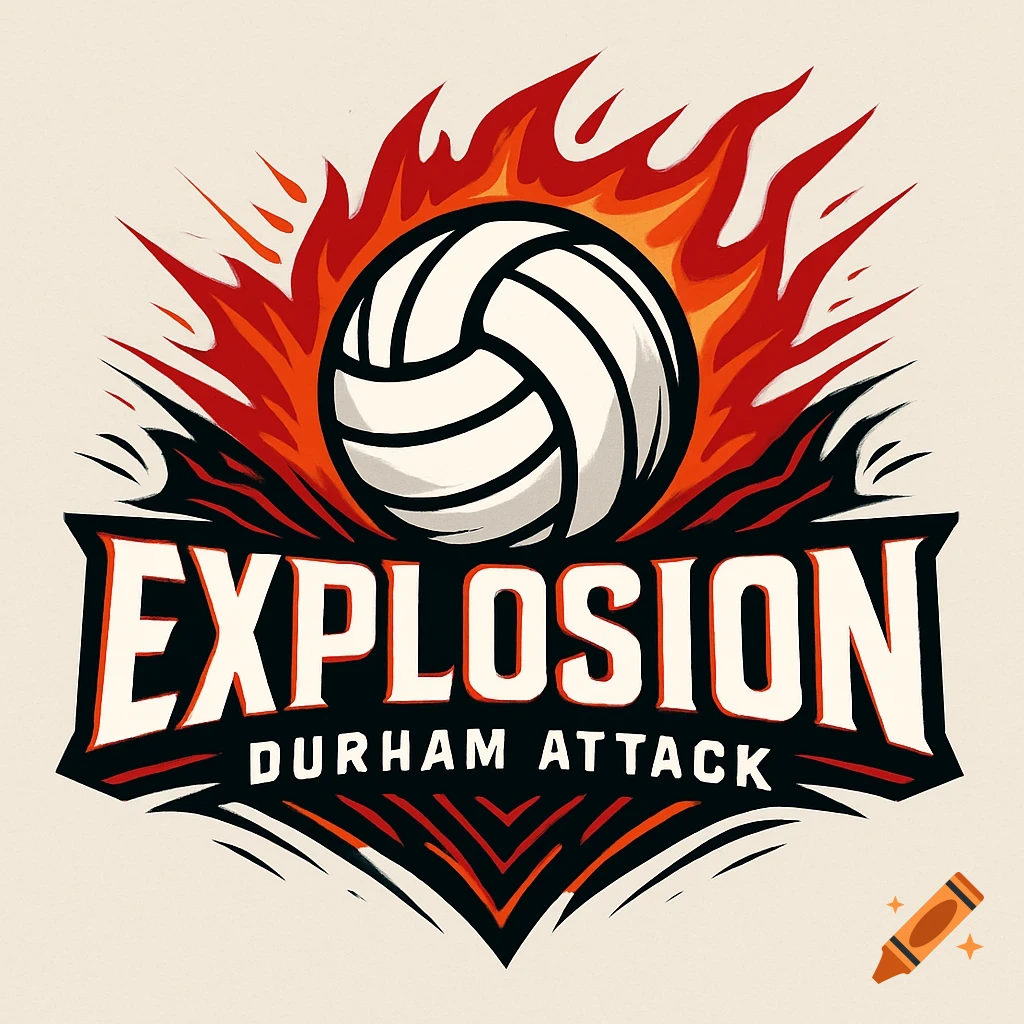 A sports logo for 'Explosion Durham Attack' featuring a volleyball surrounded by red and orange flames.