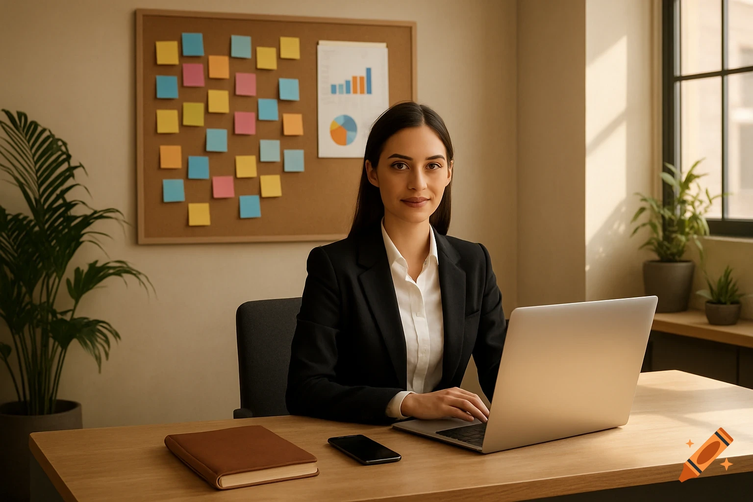 A professional woman sits at a desk with a laptop in a bright office, with a corkboard and plants in the background.