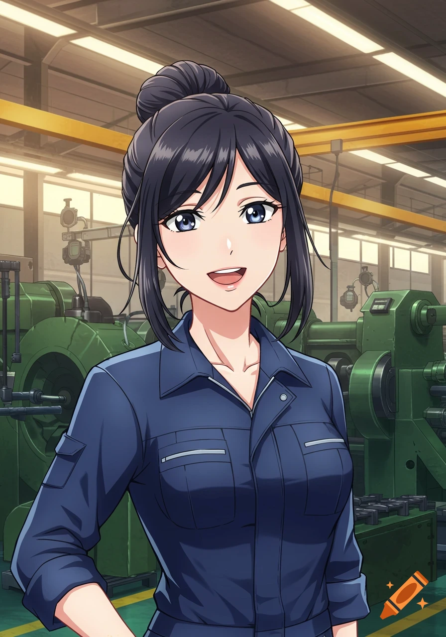 An anime-style woman with dark hair in a bun, wearing a blue factory uniform, stands smiling in a factory with green machinery.