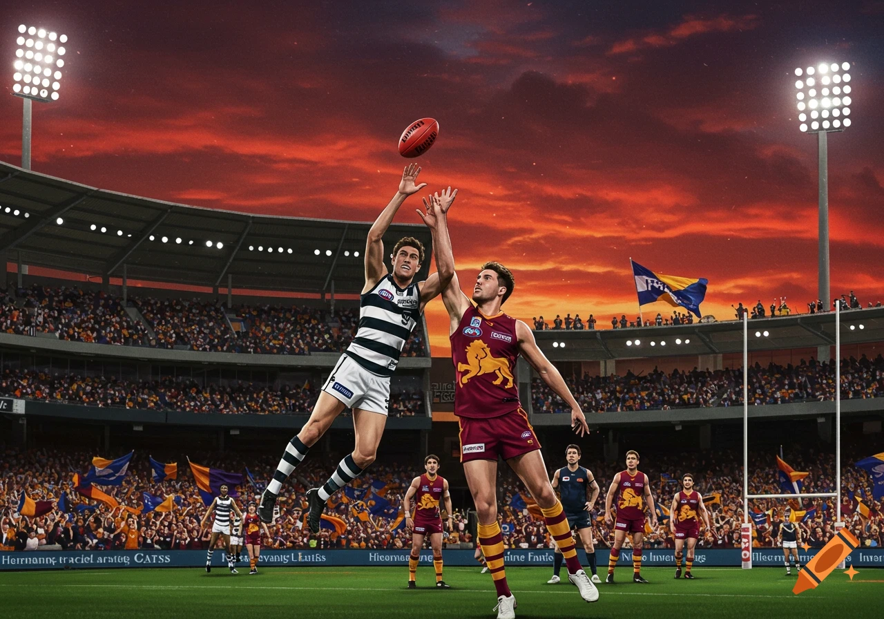 Two Australian Rules Football players jump to catch the ball in a packed stadium during an AFL game at sunset.
