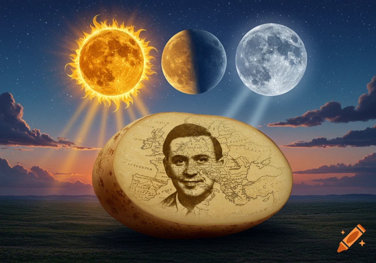 A large potato with an antique map and a man's face on its cut surface, under a sky with a glowing sun, a half moon, and a full moon.