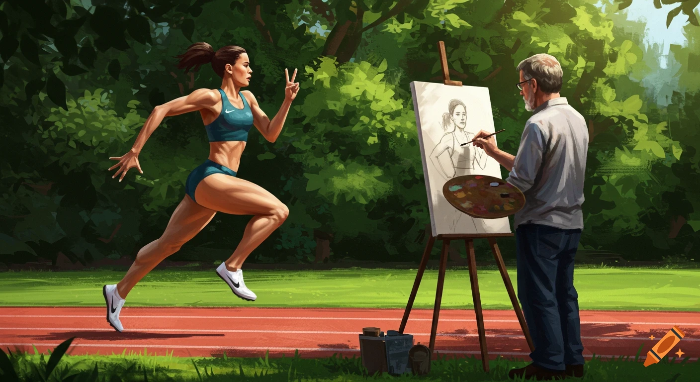 An athletic female sprinter in a sports bra and shorts makes a peace sign while running on a track, being painted by a male artist on an easel in a park. Digital art style.