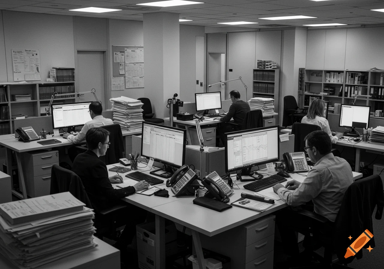 Black and white photo of an office with several employees working at desks with computers, phones, and stacks of paperwork.