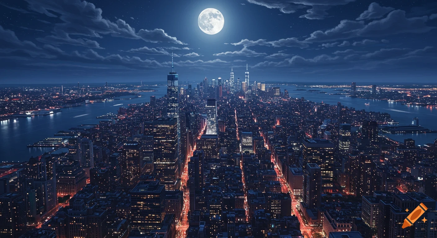Aerial view of a sprawling cityscape at night, illuminated by a large full moon over a river with boat trails.