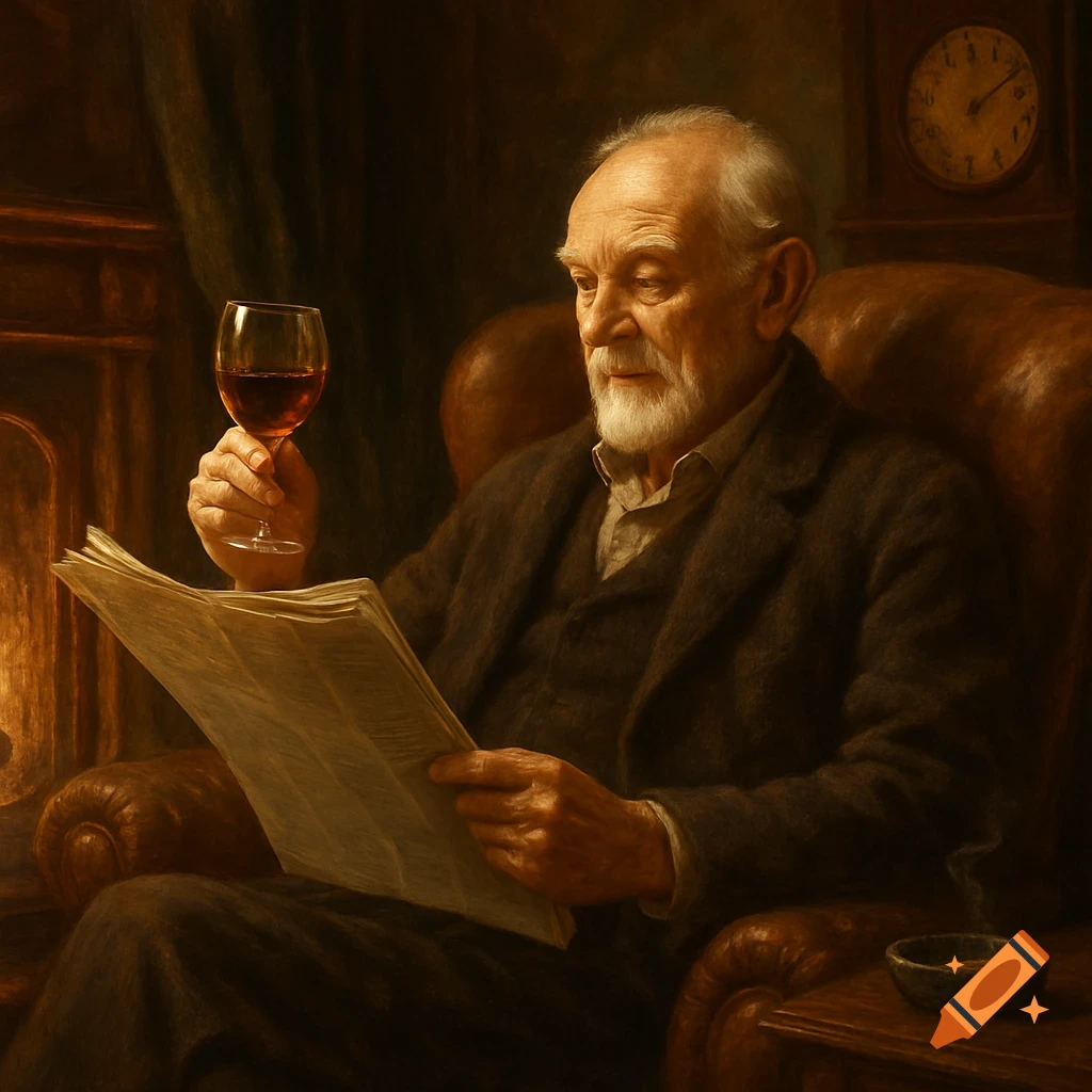 An old man with a white beard reads a newspaper in a leather armchair, holding a glass of red wine by a fireplace, painterly style.