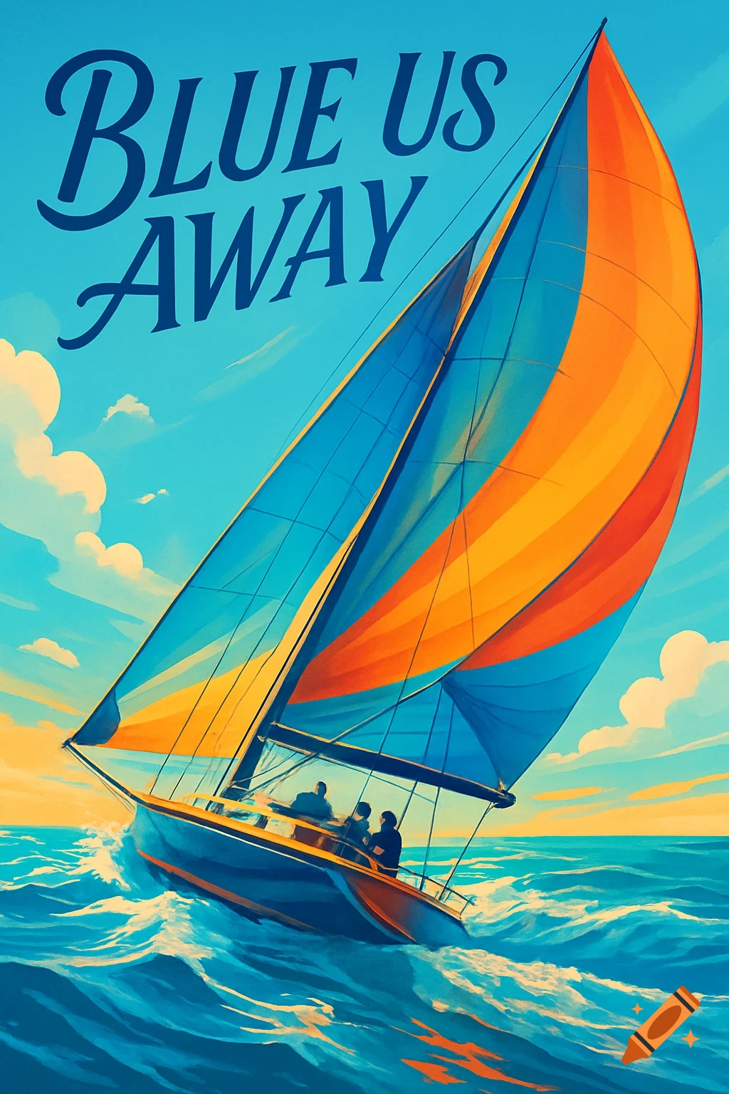 Graphic art of a sailboat with blue and orange sails on a wavy blue ocean, text 'BLUE US AWAY' in the sky.