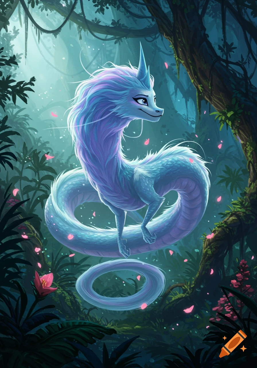 Sisu, the light blue and purple water dragon, floats coiled in a lush, misty jungle with pink petals falling.
