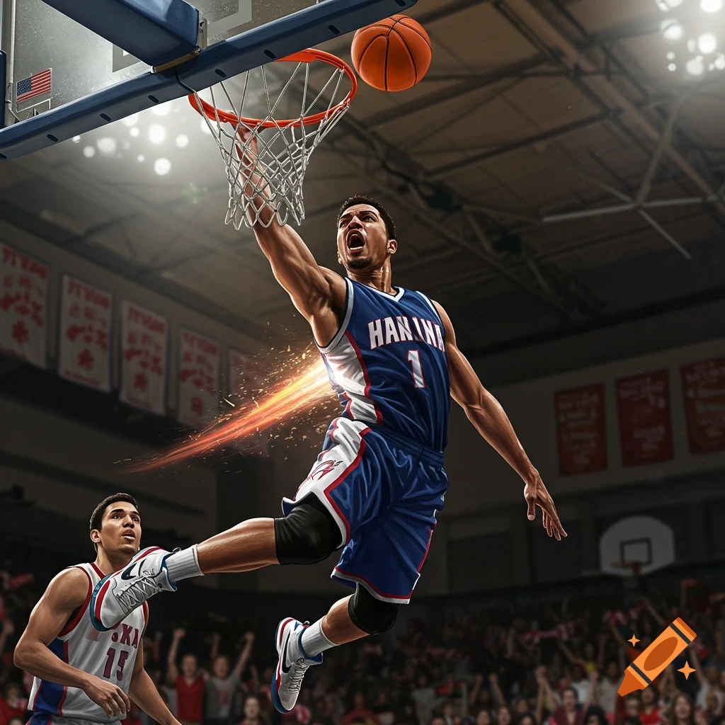 A basketball player in a blue jersey with "HANINA" and "1" dunks a basketball in a stadium.