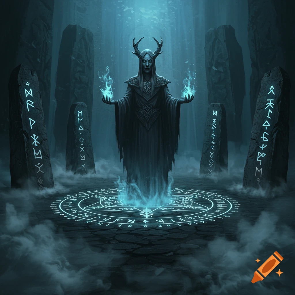 A horned figure with glowing blue flames stands in a runic magic circle, surrounded by ancient stone monoliths, in a dark, atmospheric setting.