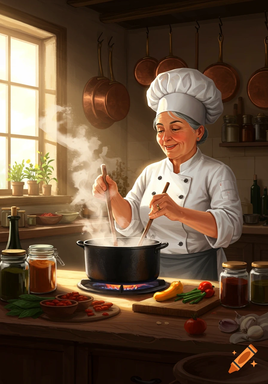 An older woman chef stirs a steaming pot on a stove in a rustic, sunlit kitchen with ingredients on the counter.