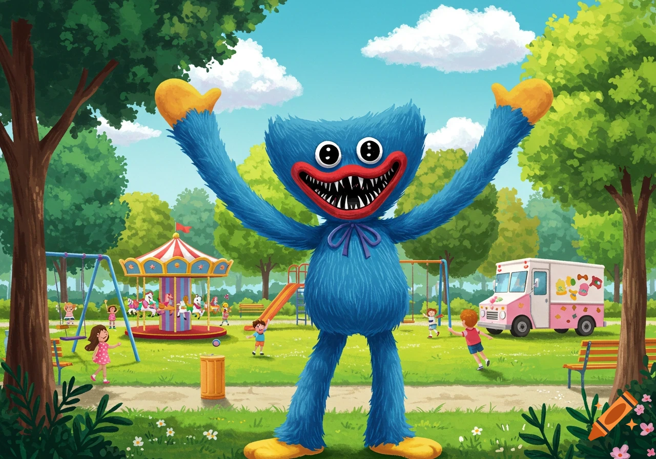 Huggy Wuggy, a blue furry monster, stands with arms raised in a colorful cartoon park with children, a carousel, and an ice cream truck.