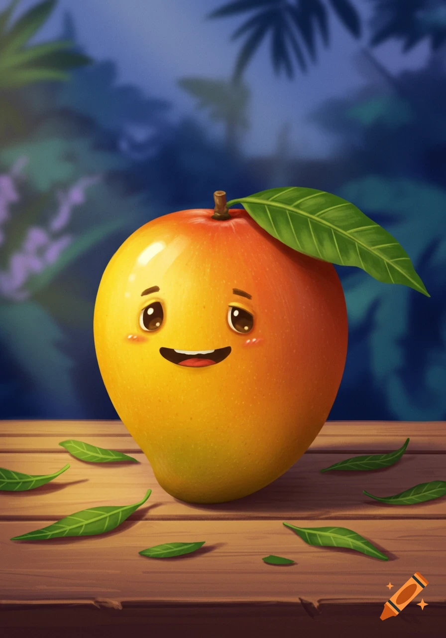 A cute, happy cartoon mango with a leaf, sitting on a wooden table with scattered leaves and a blurred jungle background.