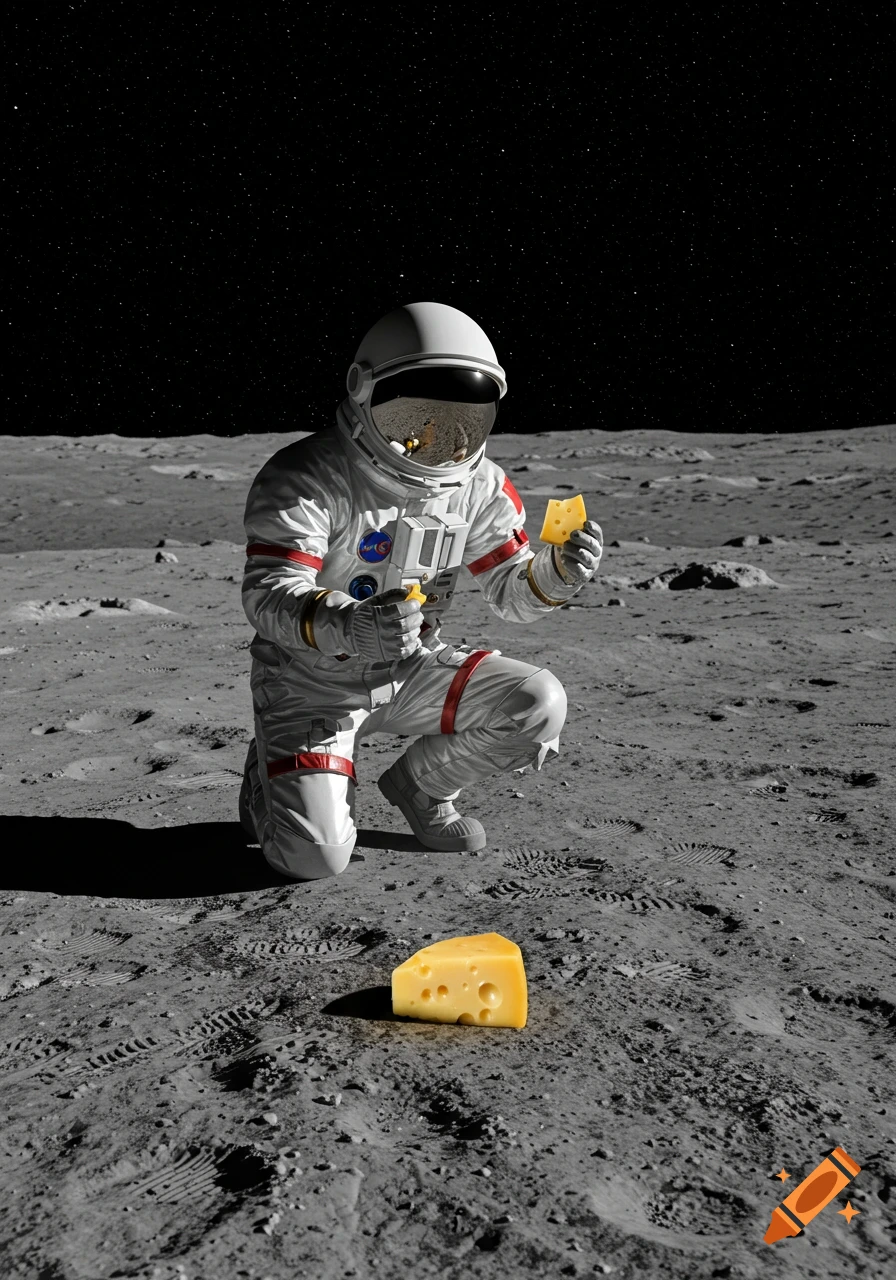 A photorealistic image of an astronaut kneeling on the moon, holding a piece of Swiss cheese and looking at another piece on the ground. Stars fill the dark sky.