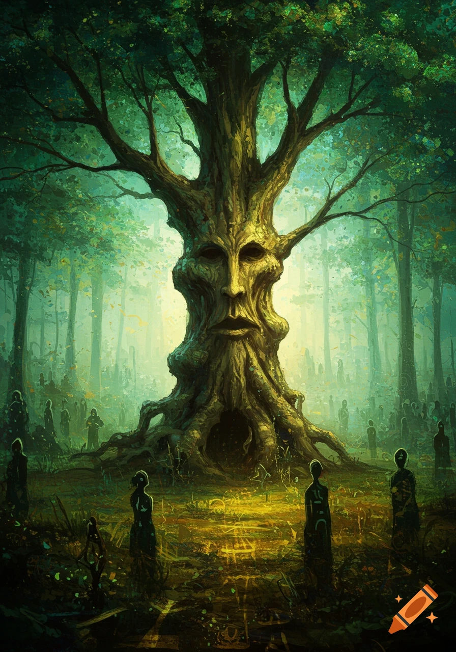 Oil painting of a mystical forest with a large, ancient tree featuring a face, surrounded by shadowy figures.