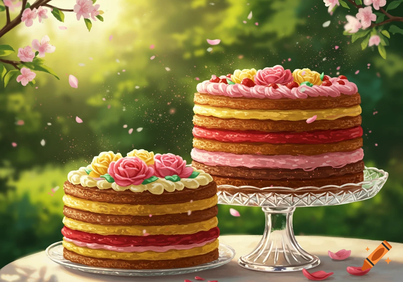 Two layered cakes decorated with pink and yellow frosting roses and berries, set on white plates in a sunlit garden with cherry blossoms and falling petals.
